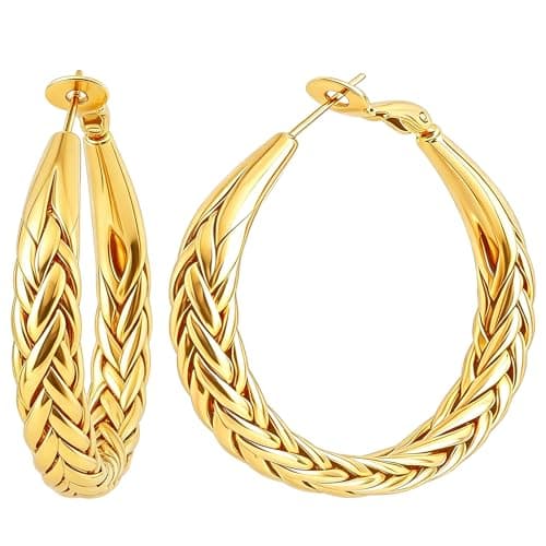 Gold Hoop Earrings, 14K Gold Plated Hoop Earrings for Women, Women's Hoop Earrings Classic Woven Design Lightweight Hypoallergenic Fashion Jewelry, Ideal Gift for Birthday Valentine Mother's Day (30mm) - Image 1