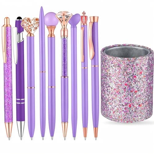 BESARTE 9 Pcs Purple Pens With Pen Holder for Desk, Fancy Pens Purple Gifts for Woman Desk Accessories for Weddings Guest Book Pen Back to School Gifts Teacher Supplies - Image 1