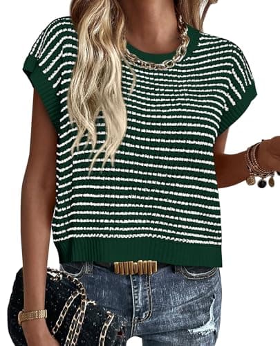 PRETTYGARDEN Womens Short Sleeve Sweater Spring Summer 2026 Round Neck Striped Pullover Cap Sleeve Knit Sweater Vest Tops(Dark Green,Small) - Image 1