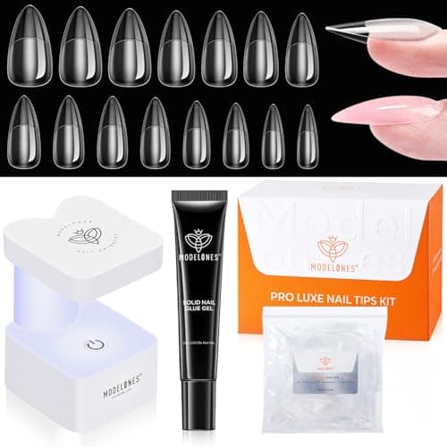 modelones X Nail Gel Kit Almond, 15Sizes Instant Apex False Nail Tips Solid Glue & Mini U/V Lamp, 240Pcs Medium Almond Pre-Building Thick Acrylic Press on Tips LED Light Extension Kit Women Gift - Image 1