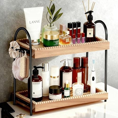 Large 2-Tier Bathroom Countertop Organizer with 8 Jewelry Hooks, 17.3" Eco-Coated Wood Vanity Tray for Perfume & Makeup, Skincare Storage Shelf for Dresser Coffee Bar Kitchen (Light Brown & Black) - Image 1