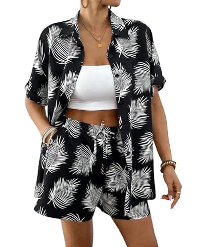 Bsubseach 2 Piece Sets for Women Beach Cover Up Summer Short Sets Tropical Vacation Outfits White Leaf Print XXL - Image 1