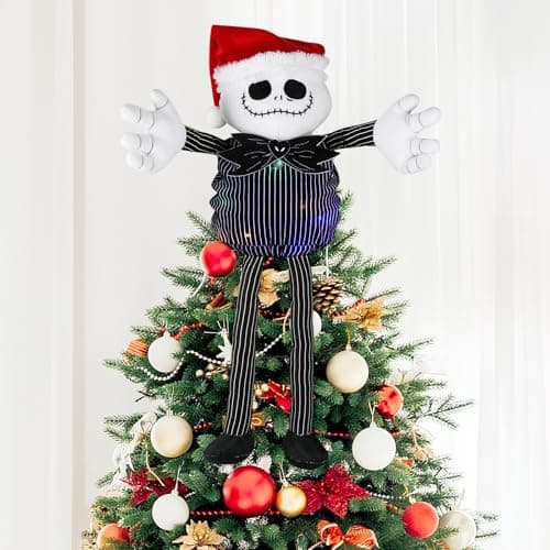 Christmas Tree Topper with Colorful String Light, Stretchable Body Jack Huggers with Santa Hat, Poseable Handmade Tree Topper for Halloween Christmas Party Decor (Jack Tree Topper) - Image 1