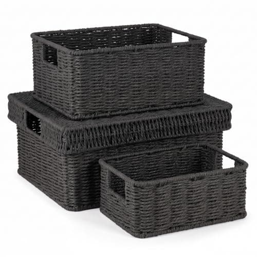 GANLUX Wicker Storage Basket with Lid - Woven Basket for Storage,Rectangular Decorative Boxes Bins with Lids for Shelves,living room, Nursery, 3 baskets+1 lids(Black) - Image 1