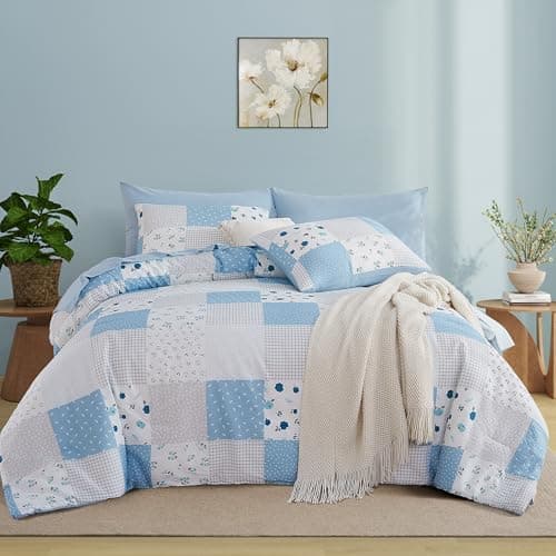 Oli Anderson Queen Comforter Set, 7 Pieces Blue Floral Seersucker Bed Comforter, Patchwork Reversible Bed in a Bag with Comforter, Sheets, Pillowcases & Shams (Blue, Queen) - Image 1