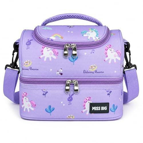 MISS BIG Kids Lunch Bag for Girls, Unicorn Insulated Lunch Bag with Two-Tier Storage, Adjustable Shoulder Strap, Lunch Box Bag for Kids, School, Daycare, Picnic, Travel - Image 1