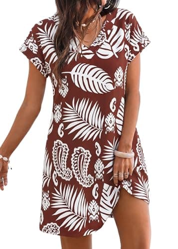 KIRUNDO Summer Dresses for Women 2026 Beach Sundress Spring Casual V Neck Boho Floral Vacation Outfits Cruise Resort Wear(Brown White Flower, Medium) - Image 1