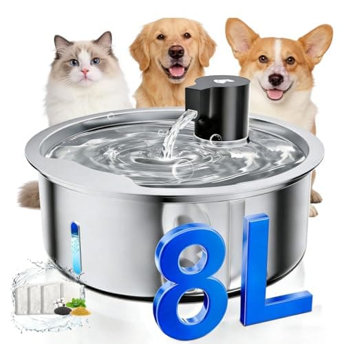 Dog Water Fountain, 8L Stainless Steel Dog Water Fountain for Large Dogs, Dog Water Bowl Dispenser, Super Quiet Pump and Replacement Filters for Cats and Dogs (Silver-8L+3Filters) - Image 1