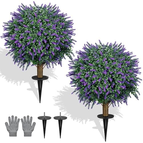 TNELTUEB Artificial Lavender Boxwood Topiary Ball 27" Tree, Set of 2 UV Resistant Faux Silk Shrubs with Ground Spikes, Large Fake Boxwood Plants for Outdoor, Garden, Porch, Patio Decor and Reception - Image 1