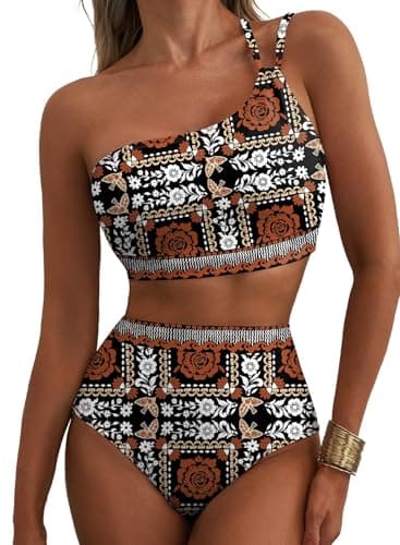 Herseas Women's Two Piece Bikini Sets One Shoulder 2026 Summer Swimsuits High Waisted Slimming Stretchy Wire Free Bathing Suit Chic Beach Vacation Essentials Vintage Rose Lattice XX-Large - Image 1