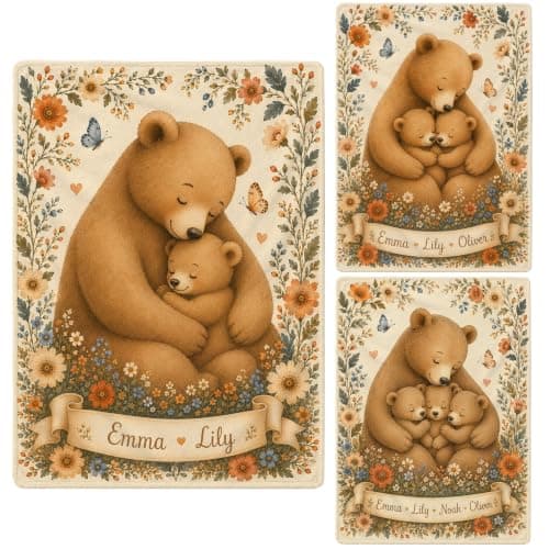 Kreiphantom Personalized Baby Blanket with Family Number Name, Custom Baby Blankets, Gift for Boy Girl, Ship Next Day, Customized Name, Baby Essentials, Family Bear Design