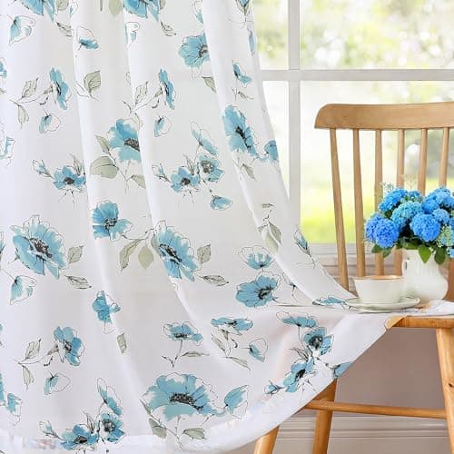 Sheer Blue Floral Curtains 63 inch Length for Living Room 2 Panels Set, Rustic Country Flower Patterned Short Curtains Semi Transparent for Bedroom Dining Room,Kitchen,Soft Smooth White Chiffon - Image 1