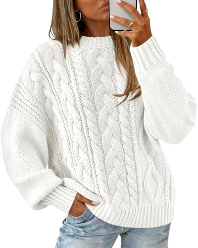 BTFBM Women's Oversized Sweaters 2025 Batwing Long Sleeve Cable Knit Crewneck Pullover Tops Fall Outfits Winter Clothing(White, Small) - Image 1