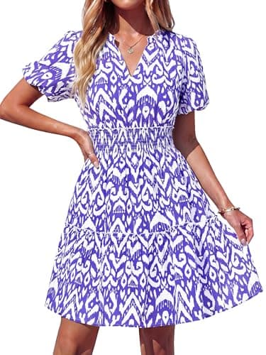 BTFBM Summer Mini Dresses for Women 2026 Ruffle Short Sleeve Elastic Waist Floral Beach Vacation Wedding Guest Dress(Floral Sky Blue, Medium) - Image 1