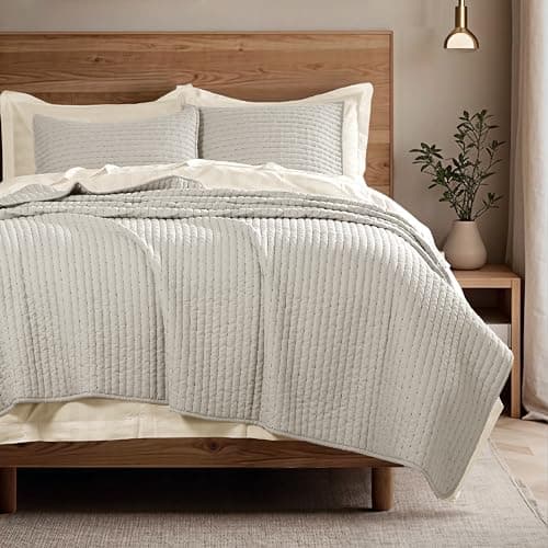 COOLXTRA Lightweight Quilted Bedspread Quilt Set, Pre-Washed Brushed Microfiber, Handmade-Look Stitching, All-Season Decorative Coverlet with 2 Pillow Shams, Queen, Grey - Image 1