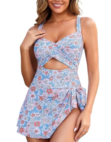 MFAVIP One Piece Swimsuit for Women, Tummy Control Swim Dress Blue Print
