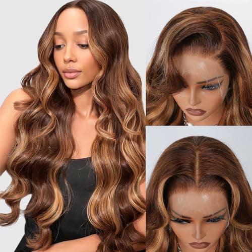 WISHGIRL Body Wave Lace Front Wig 4/27 Honey Blonde Highlight Ombre Pre plucked Bleached Knots 13x4 Full Frontal Lace Wig Human Hair Skinlike HD Lace Invisible 0.10mm Ultra-Thin 100% Real Human Hair - Image 1