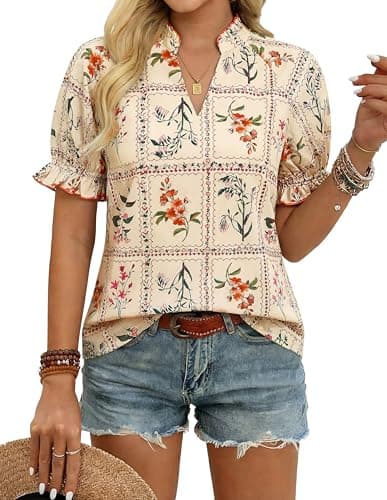 GRACE KARIN Womens Boho Tops Summer Spring Cotton Floral Blouses Short Sleeve Print Shirts V Neck Beach Vacation Clothes 2026 Beige Plaid XX-Large - Image 1