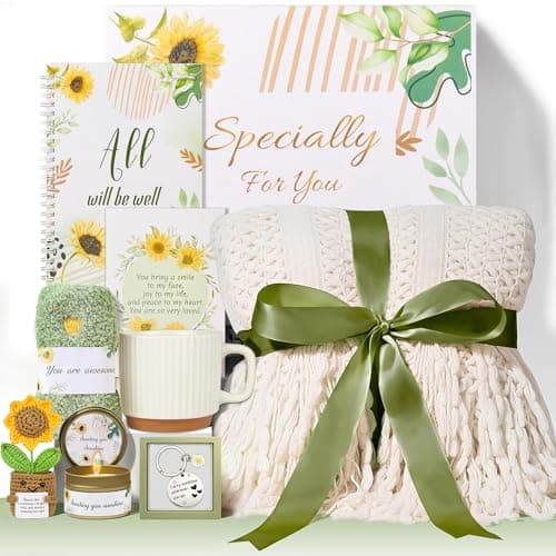 Mothers Day Gifts for Mom Grandma Wife - 9-Piece Sunflower Gift Basket with Blanket & Crochet Flower - Self Care Package, Get Well Soon & Birthday Gifts for Women, Grandma, Wife - Image 1