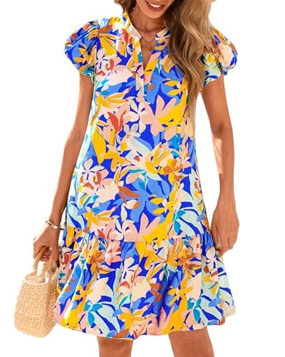 dowerme Womens Summer Dresses 2026 Puffy Sleeve V Neck Loose Floral Print A Line Boho Mini Babydoll Dress with Pockets(Multicolored,Medium) - Image 1