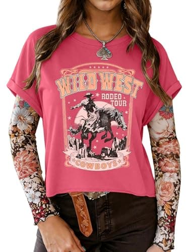 TAKEYAL Womens Western Tops Cowgirl Grahpic Tshirts Cute Vintage Summer T Shirts with Roll-Up Cuff Sleeves 2026 Pink - Image 1