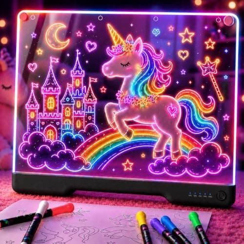 16-Inch Rechargeable LED Drawing Board, 9-Color Light Modes, Neon Art Dry Erase Light Up Doodle Glow Pad with Built-in Stand, Sketching Gift Toy for Kids/Girls/Teens, 5 Markers & Tracing Book - Image 1