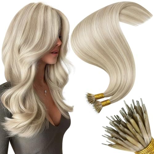 Moresoo Nano Extensions Human Hair Ash Blonde Highlight with Bleach Blonde 16 Inch 50g 50 Strands Tip Real Human for Wedding Bridal Links Smooth Look - Image 1