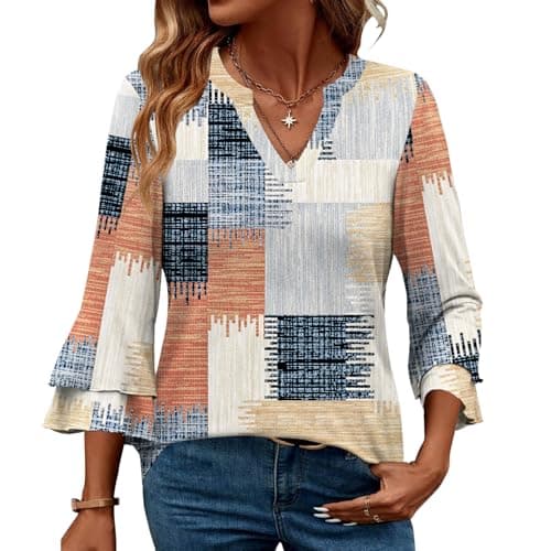 IEEILULU 3/4 Length Sleeve Womens Tops V Neck Tunics Ruffle Sleeve Tops Blouses for Women Dressy Casual (US, Alpha, Small, Regular, Regular, Yellow) - Image 1