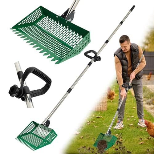 XXXFLOWER Chicken Poop Scooper & Rake 2-in-1, Metal Pooper Scooper Long Handle, Chicken Coop Rake for Chicken Coop, Sand & Pet Waste Cleaning