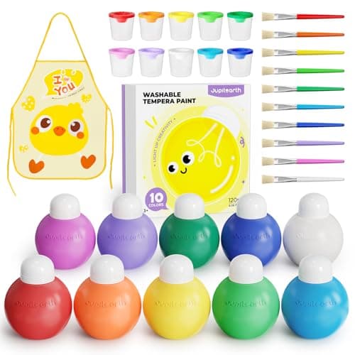 JUPITEARTH 10 Colors Washable Paint Set for Kids Ages 3-6, 4.06oz(120ml), Non-Toxic, Includes Brushes, Cups and Apron, Creative Gift for Toddlers and Preschoolers - Image 1