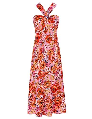 GRACE KARIN 2025 Summer Women's Criss Cross Halterneck Sleeveless Floral Print Flowy A Line Maxi Dress Brightpink L - Image 1