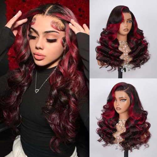 RUOXUAN 99J Burgundy 9x6 Highlight Glueless Lace Closure Wig Human Hair Ombre Skunk Strip Body Wave Red Black Colored Wigs Human Hair 9x6 HD Lace Frontal Wigs 200 Density Pre Plucked For Women 32 Inch - Image 1
