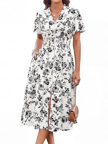 GRACE KARIN Womens Summer Maxi Floral Dress Casual 2026 Long Zipper Dresses Boho Flowy Beach Vacation Sundress with Pockets Black White Floral XL - Image 1