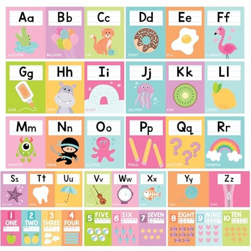 Hadley Designs Alphabet for Classroom Wall Decor - ABC Posters for Classroom Wall Chart Preschool & Kindergarten, ABC Letters & Number Line Elementary, Alphabet Cards, Pastel Classroom Decor