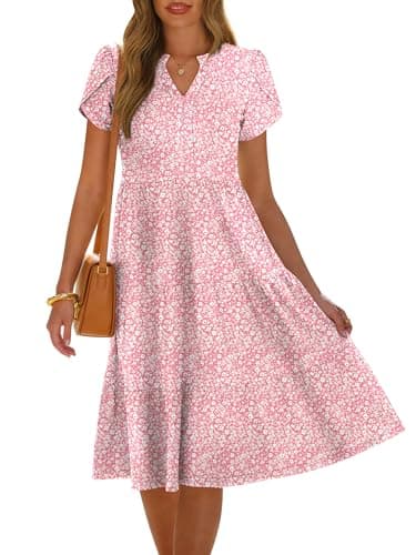 ANRABESS Womens Summer Causal Dresses V Neck Short Sleeve Midi Dress 2026 Flowy Tiered Boho Beach Sundress Vacation Outfits Pink Floral L - Image 1
