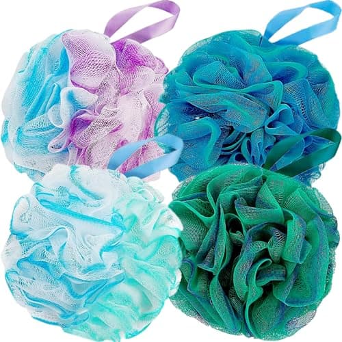 Fu Store Loofah Sponge Shower Loofahs 60g Bath Sponges Mesh Balls 4 Colors for Body Scrubber Exfoliator Wash Back Scrubbers Bathroom Men Women - 4 Pack Cleaning Bathing Accessories