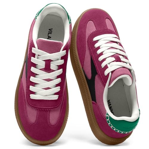 Vilanva Women's Fashion Sneakers Casual Tennis Shoes with Genuine Suede Classic Retro Gum Sole Walking Trendy Footwear Pink Multi - Image 1