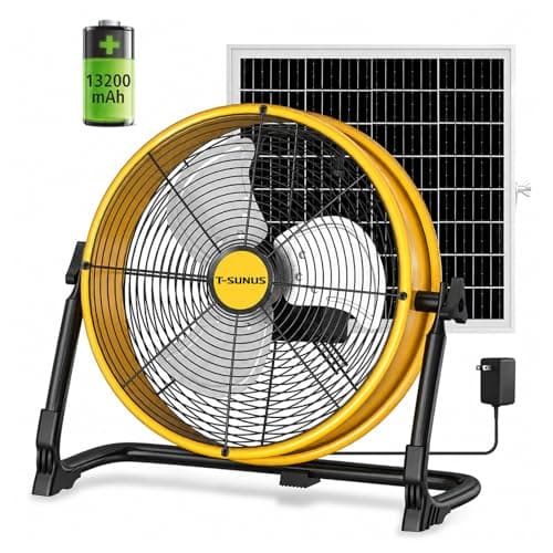 T-SUNUS 12" Solar Powered Fan, 13200mAh Rechargeable Fan with 20W Panel, 1500 CFM Battery Powered Metal Floor Fan, 4.5–27H Runtime, USB Output, 360° Tilt for Camping, RV, Patio, Garage, Power Outage - Image 1
