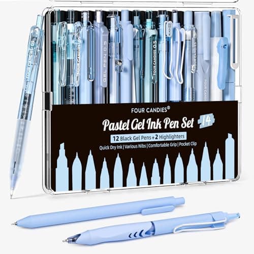 Four Candies Writing Ink Pens with Black & Blue Ink and 2Pack Highlighter, Retractable 0.5mm Smooth Fine Point Pens,Blue Pens for School,Office Girly Stationery Aesthetic Desk Accessories Set of 14 - Image 1