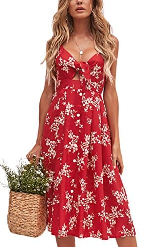 ECOWISH Women Summer Dresses Tie Front V-Neck Spaghetti Strap Button Down A-Line Backless Swing Midi Dress 809 Red XL - Image 1