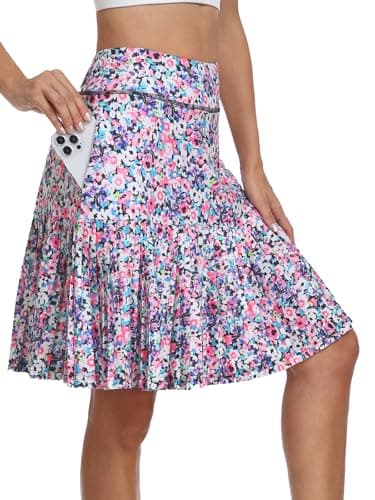 KORALHY 21" Golf Skorts with Pockets Pleated Tennis Skirts with Shorts Knee Length Skort for Athletic, Workout, Casual Wear Purple Floral M - Image 1