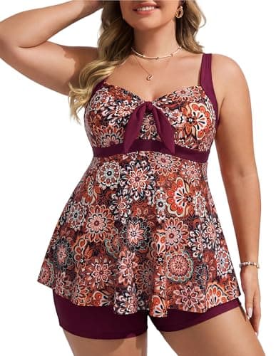 Hanna Nikole Women Plus Size Tankini Swimsuit, Two Piece Bathing Suits with Shorts, 2026 Flowy Swimwear Deep Red Ethnic Flowers 24W - Image 1