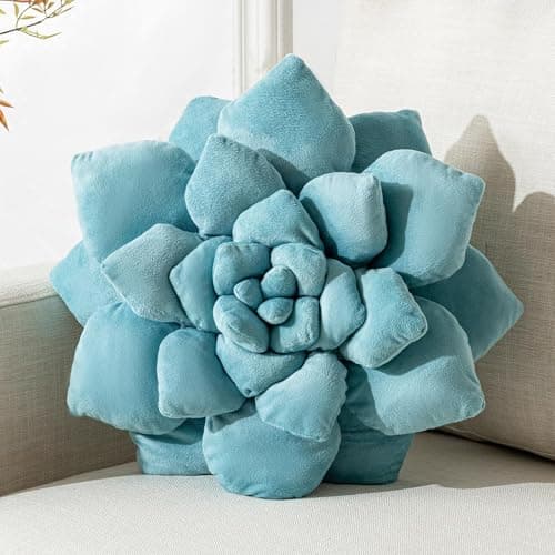 Gerlisay 3D Plant Pillow 13.8'' Cute Flower Throw Pillow Blue Plant Shaped Decor Soft Unique Plush Decorative Pillow Throw Cushions for Bedroom Home Decorations - Image 1