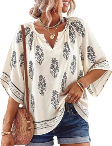 NILOINE Boho Tops for Women 3/4 Sleeve Floral Print Blouses V Neck Casual Beach Shirts Loose Fit Short Sleeve Tunic Tops(1-Multi Apricot,Small) - Image 1