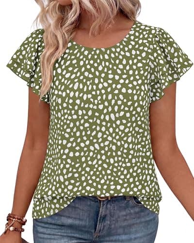 Zenlonr Womens Short Ruffle Sleeve Tops, 2026 Crewneck Leopard Shirts,Summer Casual Blouses for Work,Going Out&Daily Wear(Dot Army Green White,XX-Large) - Image 1