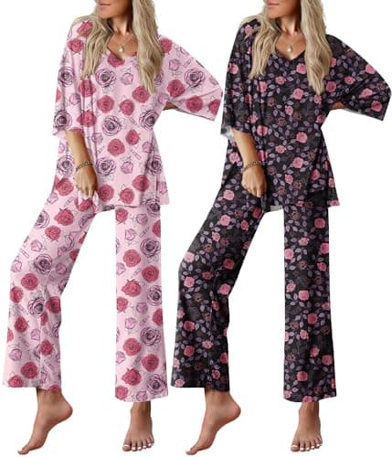 Ekouaer 2 Packs Lounge Sets for Women Short Sleeve Pajamas Set V Neck Top and Long Pants Comfy Pjs Outifts with Pockets - Image 1
