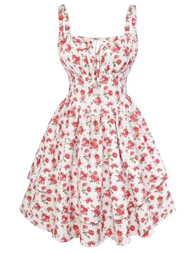 Scarlet Darkness Floral Mini Corset Dress for Women Teen 2026 Summer Spring Flowy A-Line Sundress with Pockets White Red-Rose Pattern XL
