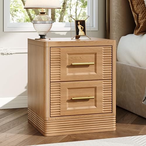 RECHHX Farmhouse Nightstand with 2 Drawer Storage, Thermoformed Bedside Tables for Bedroom, End Table with Curved Side Panels for Living Room, Natural Oak - Image 1