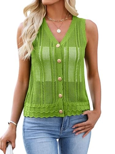 Bellcoco Womens Crochet V Neck Sweater Vest Hollow Out Summer Sleeveless Tops Knit Spring Cardigans Button Down Tank Top Green M - Image 1