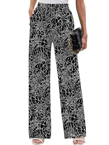 Heymoments Women Wide Leg Pants White Flower Black X-Large High Waist Loose Casual Pants Adjustable Tie Knot Belted Long Straight Trousers with Pockets - Image 1
